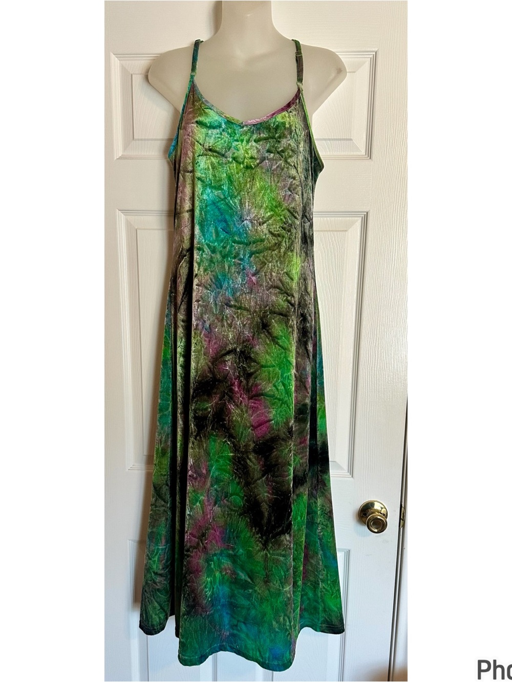 Vintage 90s Express Tricot Green Multi-Color Velvet Maxi Slip Dress